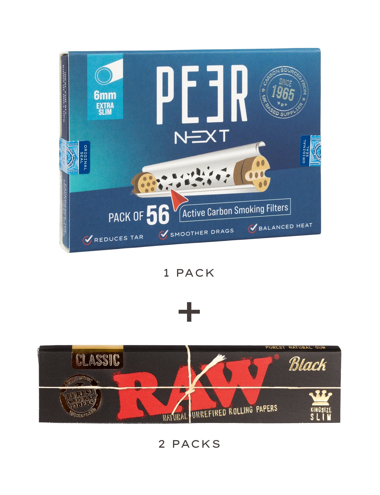 PEER Next combo pack of active carbon smoking filters and 2 RAW Black rolling paper