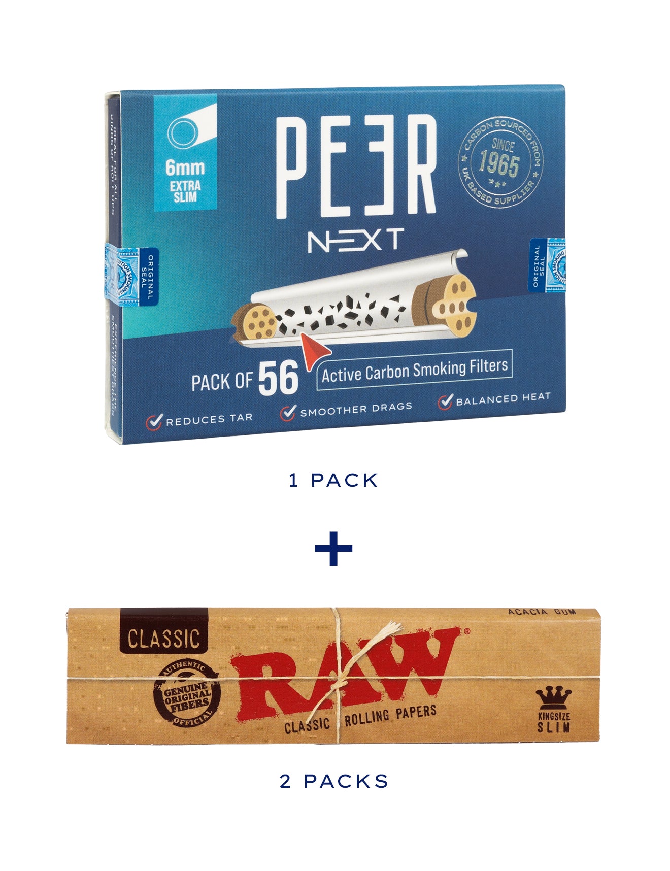 PEER Next combo pack of active carbon smoking filters and Raw Brown Classic rolling paper